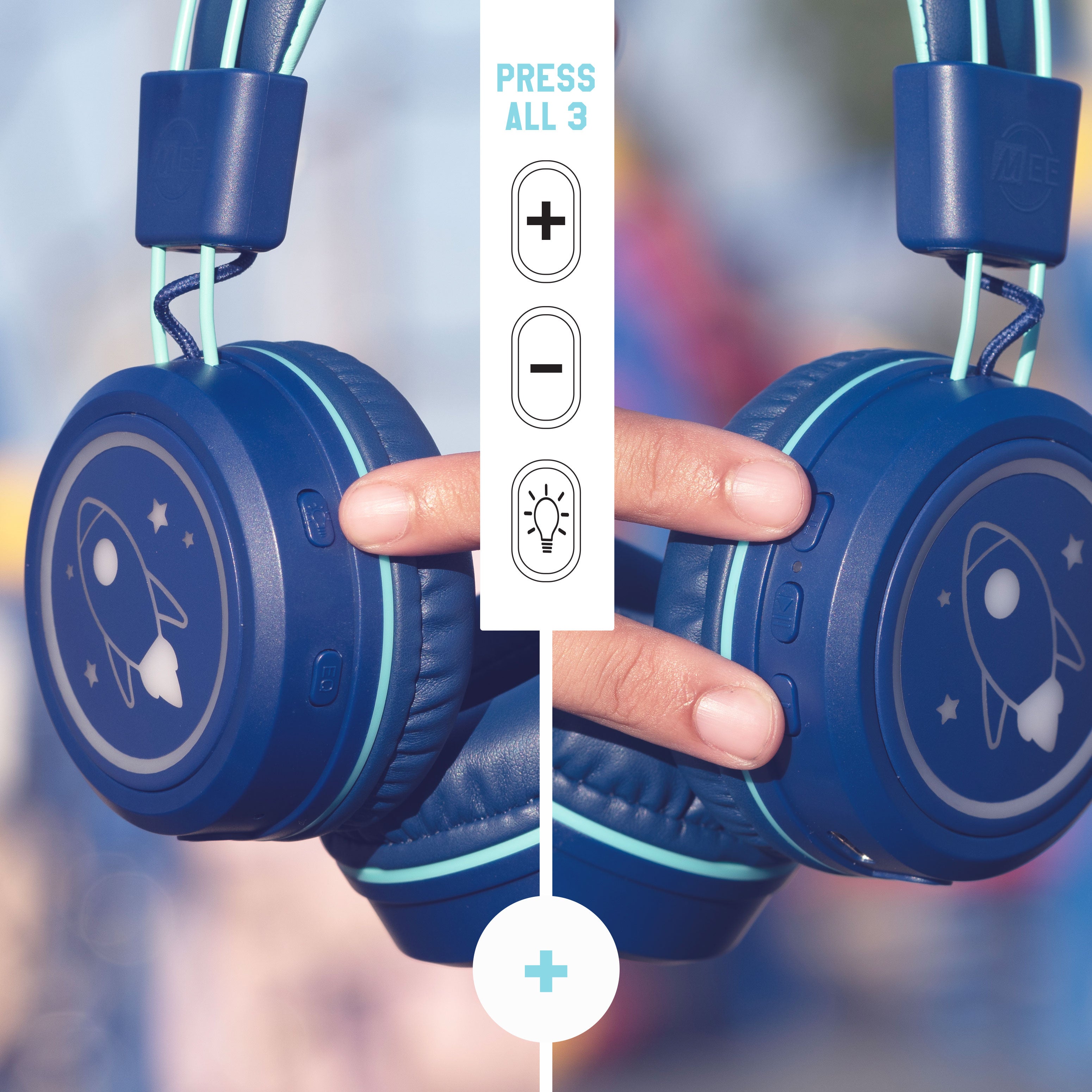 Buttons on MEE audio KidJamz KJ55BT Bluetooth Wireless Safe Listening Headphones for Children with LED Lights, 85dB Volume Limiter, Microphone, & 40h battery; Kids Headset for School / iPhone / iPad / Tablet