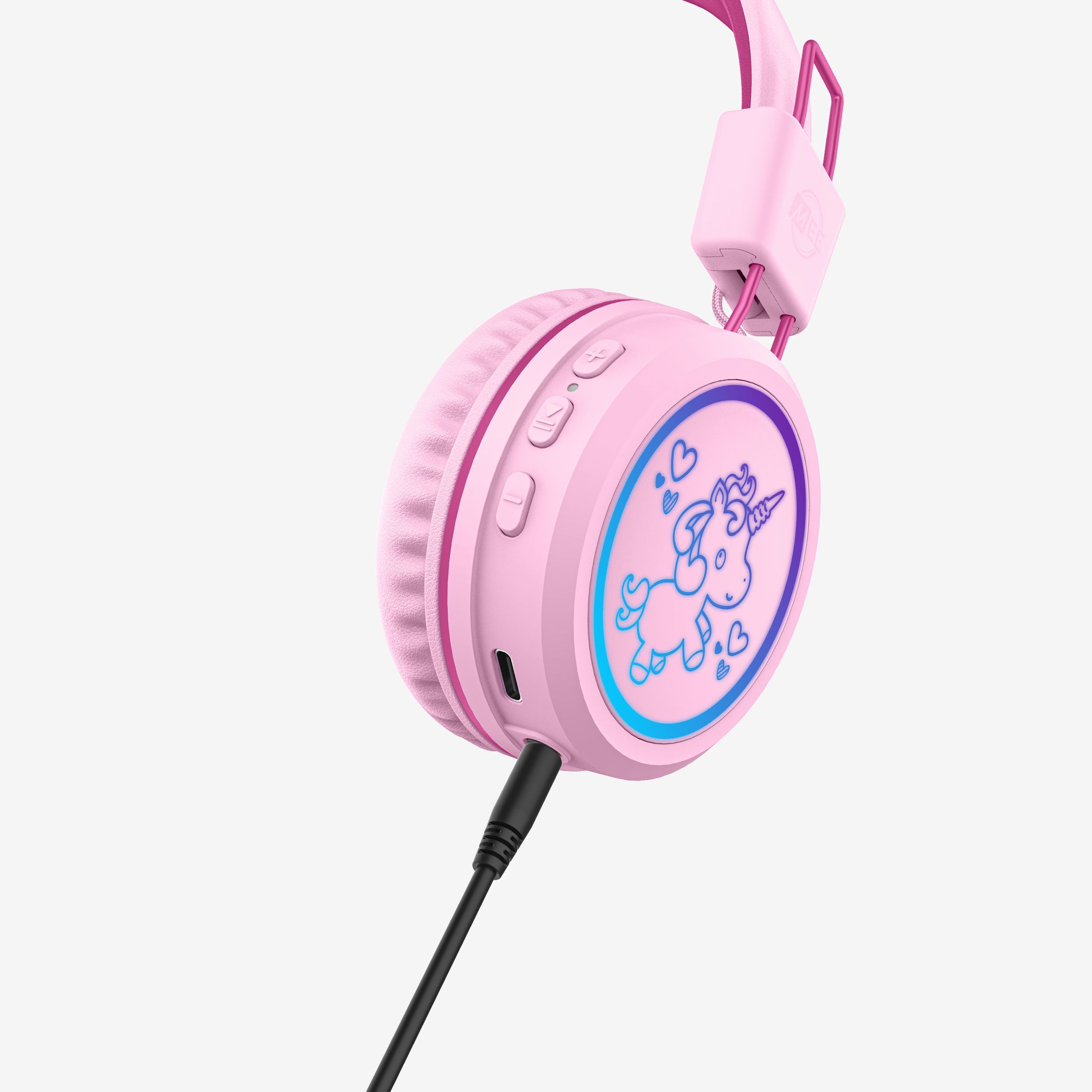 wired cable plugged into MEE audio KidJamz KJ55BT Bluetooth Wireless Safe Listening Headphones for Children with LED Lights, 85dB Volume Limiter, Microphone, & 40h battery; Kids Headset for School / iPhone / iPad / Tablet