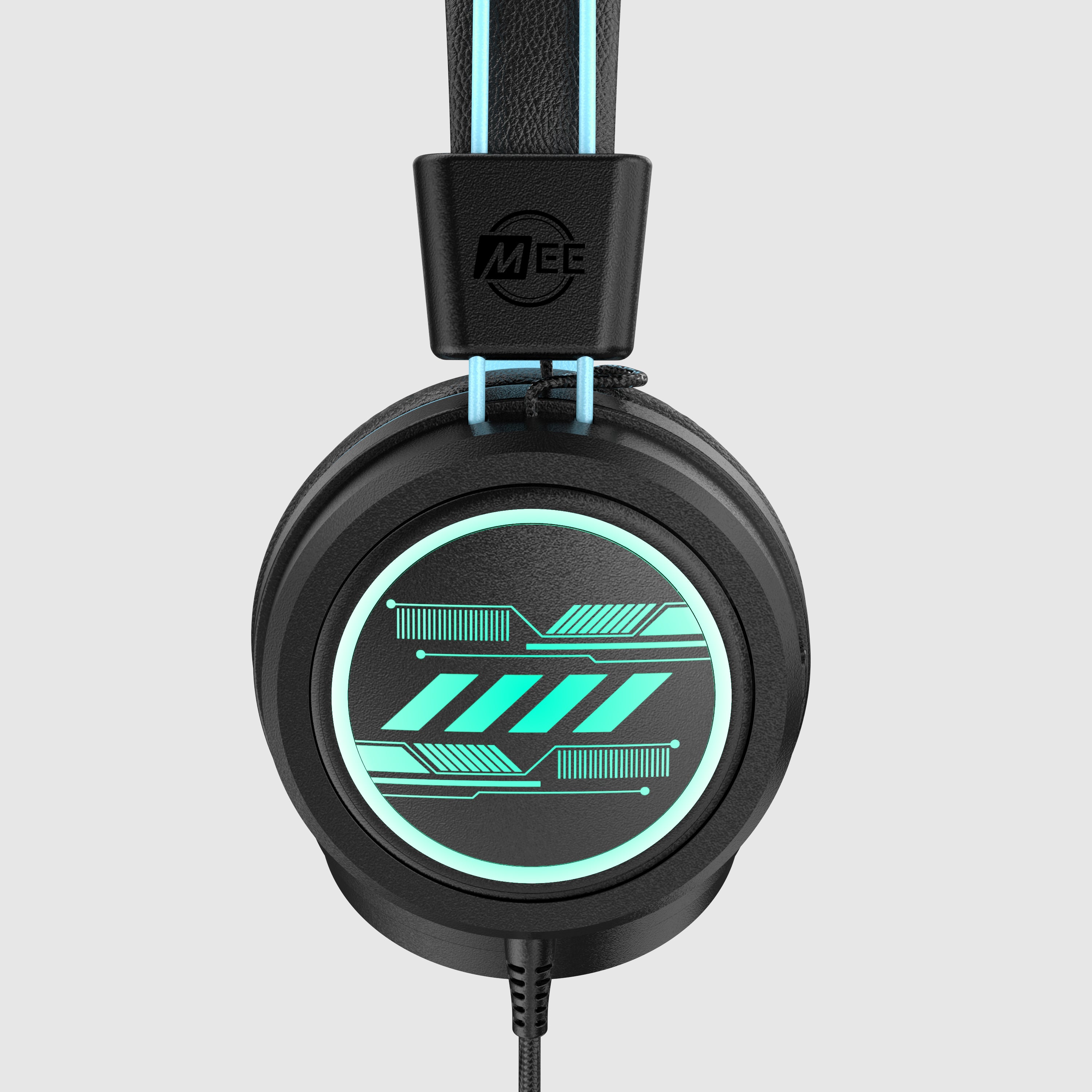 Close-up view of a modern headphone with cyan lighting accent on the earcup, featuring a geometric design and a visible brand logo “meeâ€.
