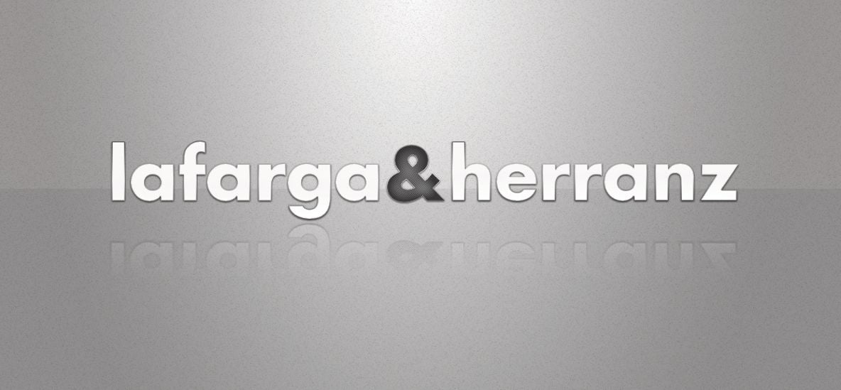 A stylized logo featuring the text "lafarga&herranz" in a modern, sans-serif font, displayed prominently in the center of a gray, textured background with a reflective effect.