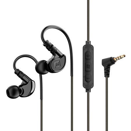 A pair of black in-ear headphones with an over-ear hook design and an inline remote, displayed against a white background. the headphones' plug is gold-tipped.
