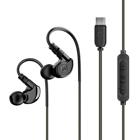 A pair of black in-ear headphones with over-ear hooks and a usb-c connector, featuring an inline remote with buttons on a gray background.