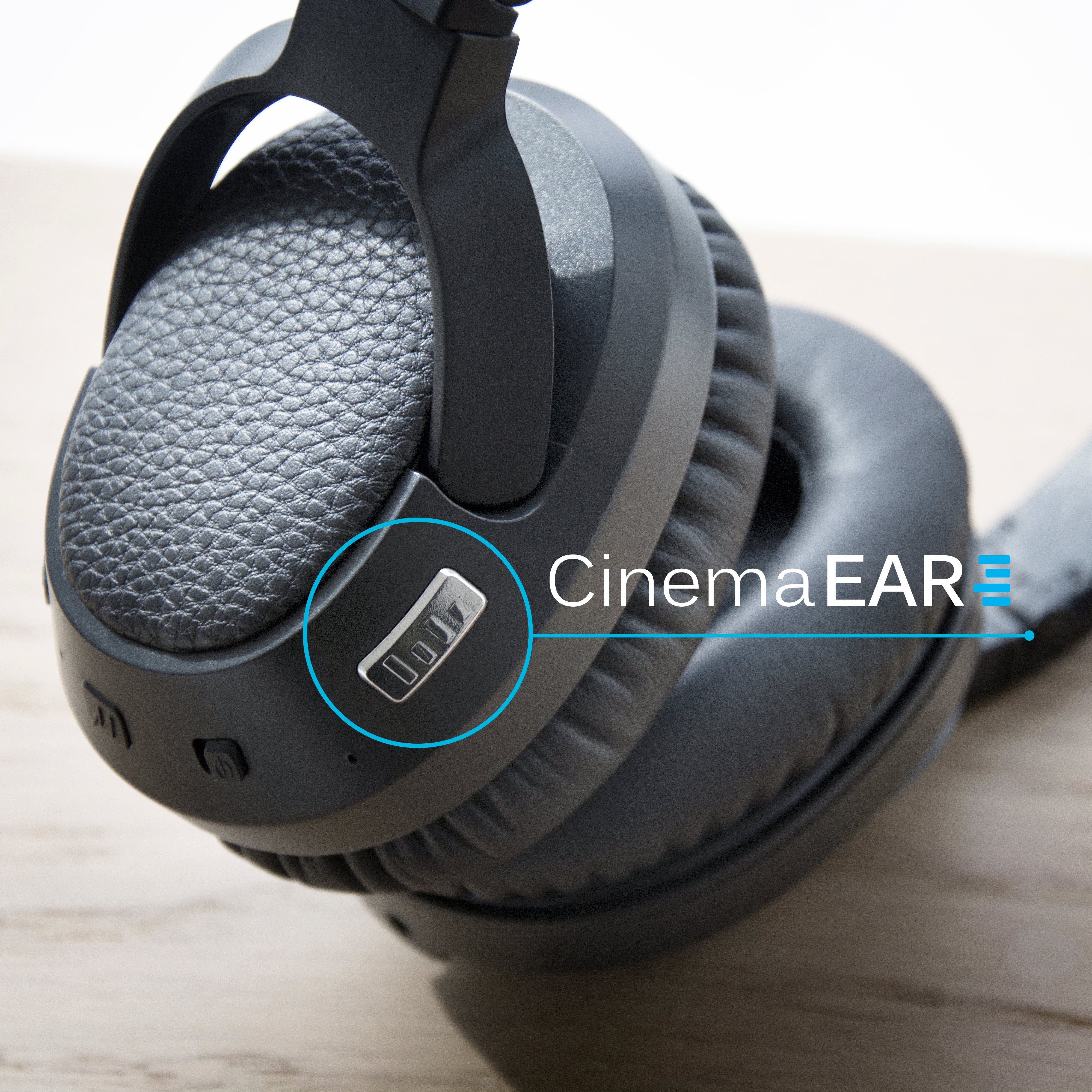 Close up of the CinemaEAR button for the MEE audio Matrix Cinema Bluetooth Wireless headphones
