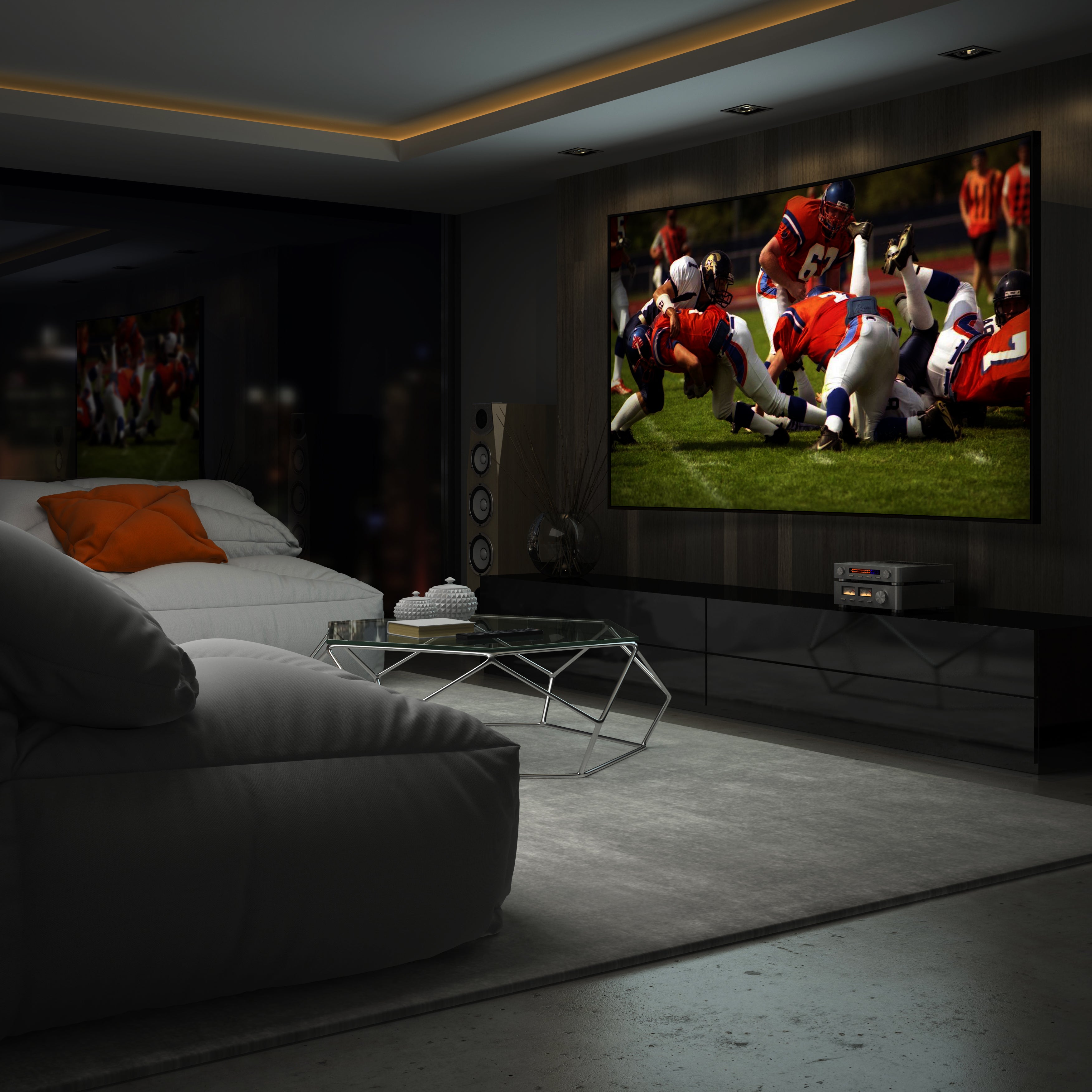 Living room with a large screen displaying a football game.