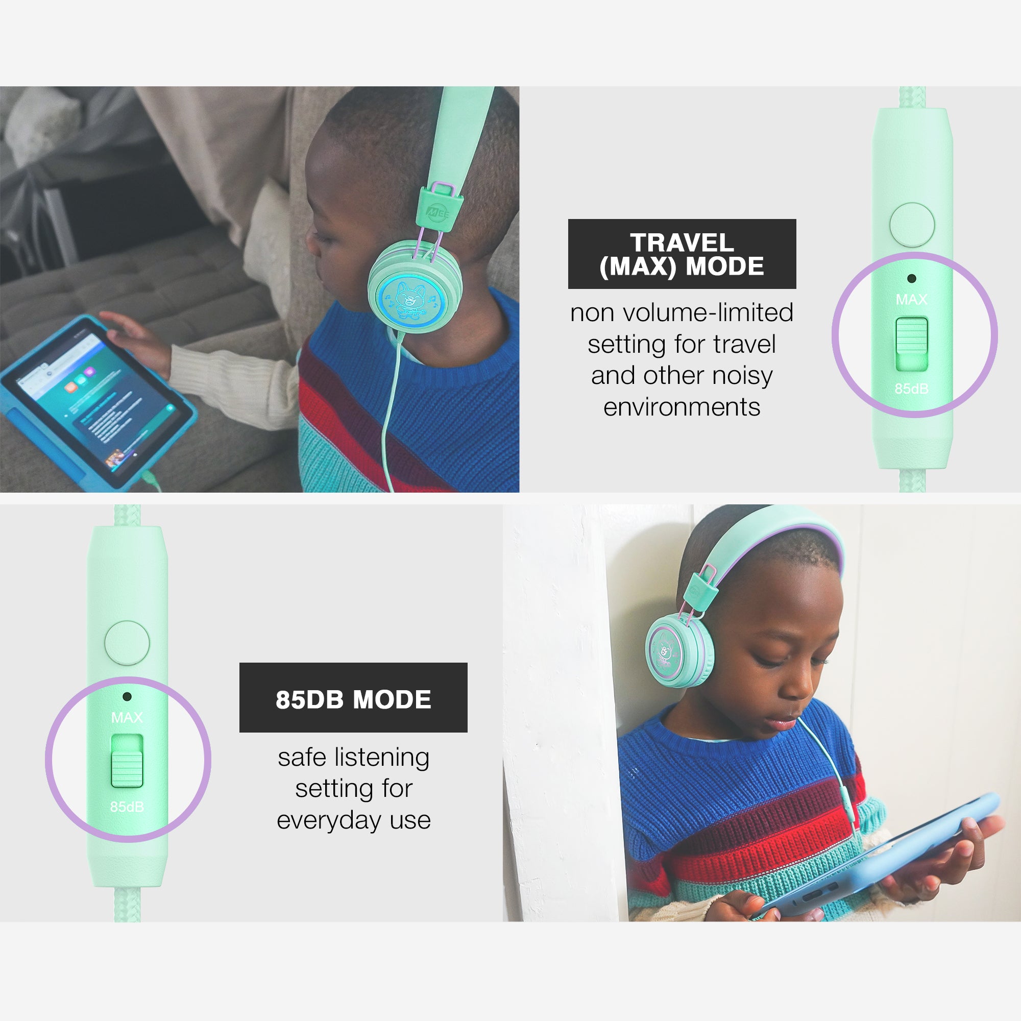 MEE audio KidJamz headphones utilize a built-in volume limiter to help keep young ears safe and build healthier listening habits.