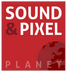 A bold graphic with a red background featuring the text "sound & pixel" in large white letters at the top, and "planet" at the bottom. a stylized, partially visible globe in maroon is centered behind the text.