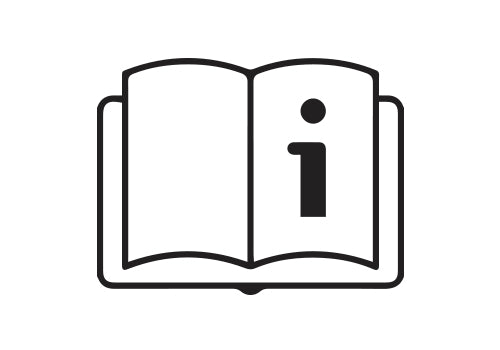 An icon depicting an open book with an information symbol on the right page. the design is simple and uses black lines on a white background.