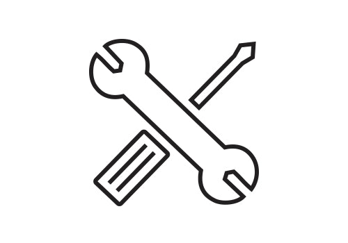 A simple black and white illustration of crossed tools, specifically a wrench and a screwdriver, depicted in a flat line-art style.