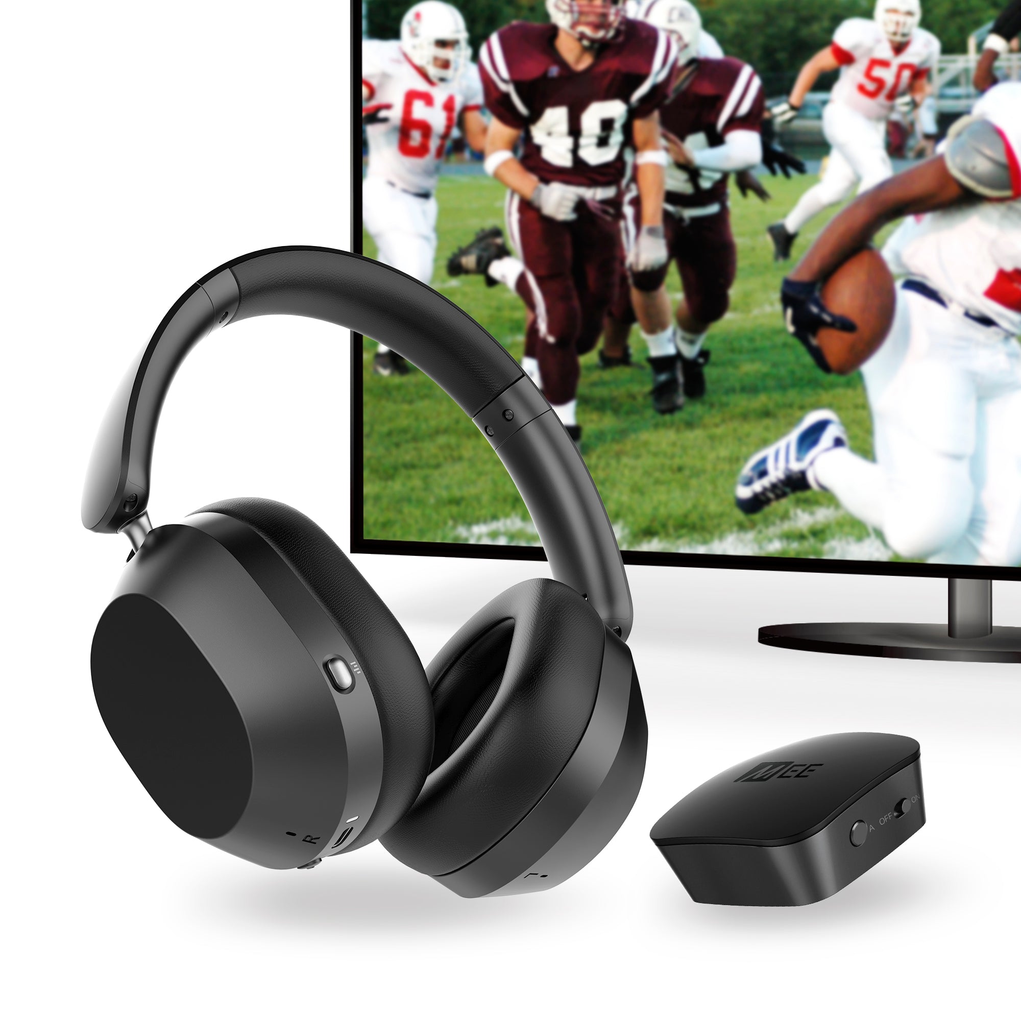 MEE audio Matrix Cinema 3D 2026 Bluetooth Headphones + Connect Bluetooth Audio Transmitter Bundle for All TVs with a TV displaying a football game in the background