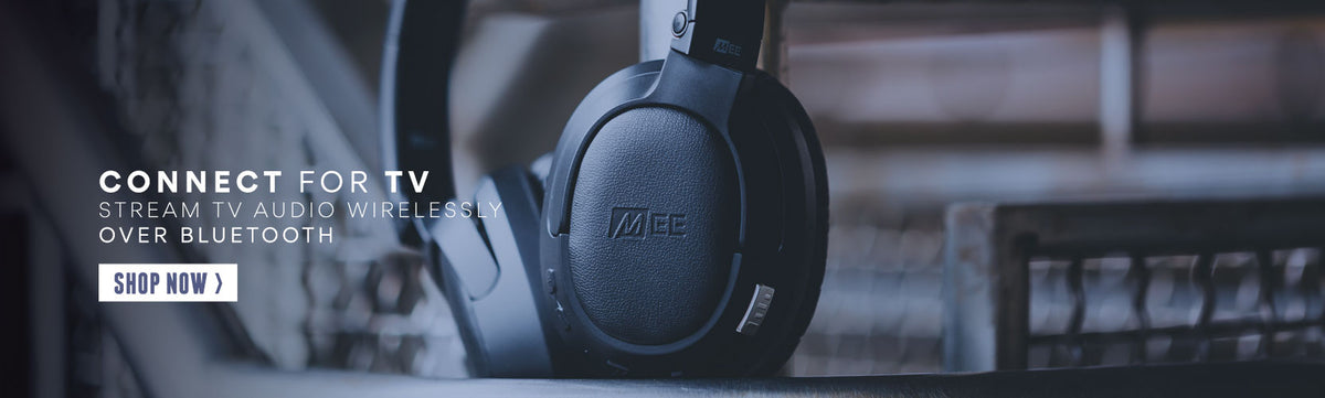 A close-up image of a Matrix Cinema headphone on a cool-toned background with text promoting Bluetooth connectivity for tv streaming, with a "shop now" button.