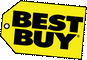 Logo of best buy featuring bold white text "best buy" on a yellow tag-shaped background with a black outline and a small black circle on the upper left.
