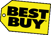 Logo of best buy featuring bold white text "best buy" on a yellow tag-shaped background with a black outline and a small black circle on the upper left.