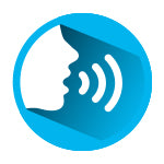 Icon depicting a side profile of a person speaking, with three sound waves emanating from the mouth area, set against a blue circular background.