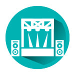 Icon of a stage with curtains and two speakers, depicted in white on a turquoise circular background, symbolizing a theater or performance venue.