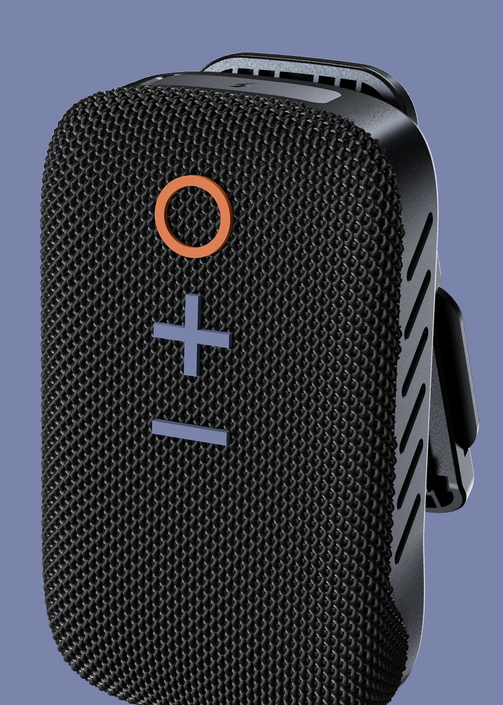 Close-up of a black portable speaker featuring a textured design with tactile volume control buttons and an orange power button on the side.