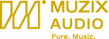 Logo of muzix audio featuring stylized text in gold and orange, with the word "muzix" in large, bold letters and "audio" beneath it in a smaller font, accompanied by the slogan "pure music.