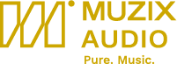 Logo of muzix audio featuring stylized text in gold and orange, with the word "muzix" in large, bold letters and "audio" beneath it in a smaller font, accompanied by the slogan "pure music.