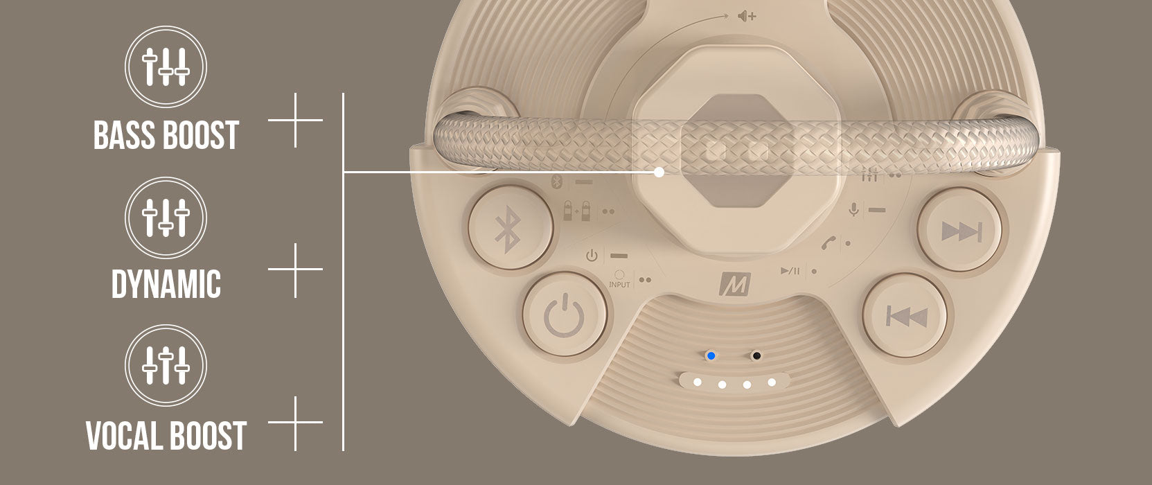 Illustration of a beige speaker with various control buttons and a textured speaker cover. includes icons representing bass boost, dynamic, and vocal boost sound settings.