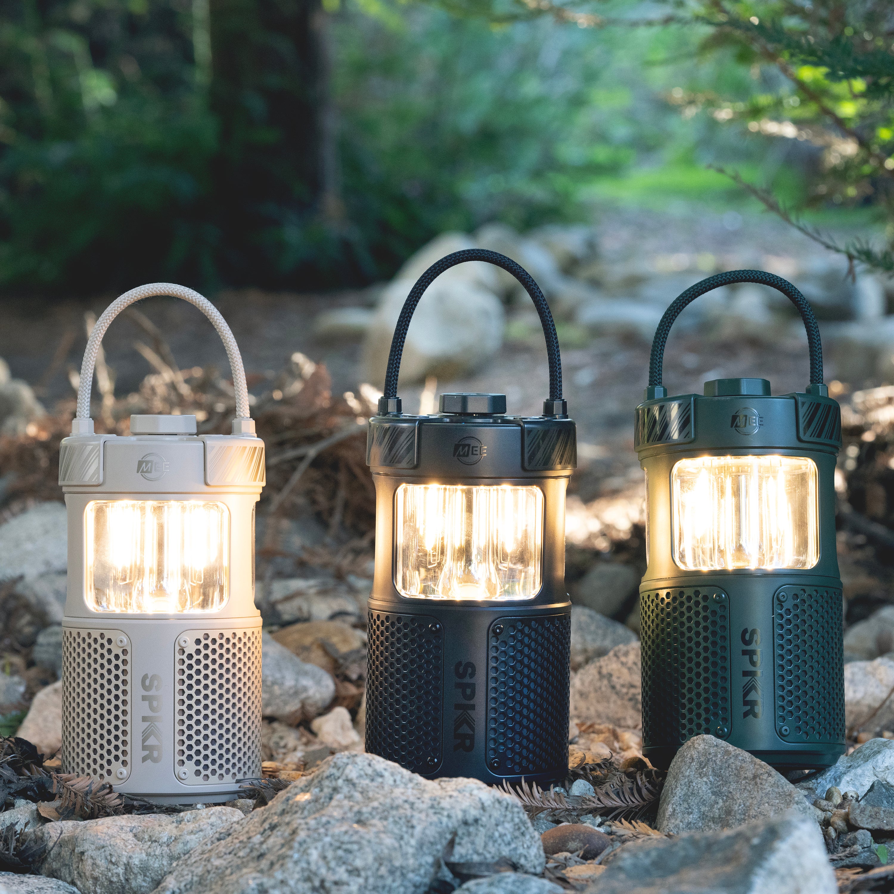 MEE audio lightSPKR Bluetooth Wireless Speaker with Camping Lantern in Beige, Black and Green in the wild