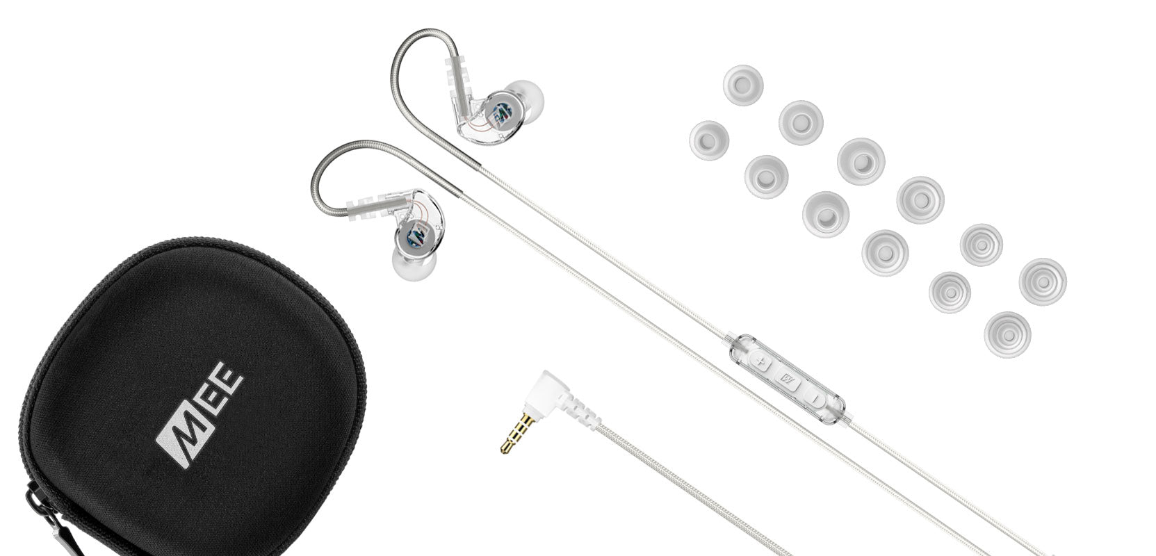 Overhead view of clear in-ear headphones with detachable ear hooks, a black carrying case with "mee" logo, multiple white ear tips of different sizes, and a connector jack.