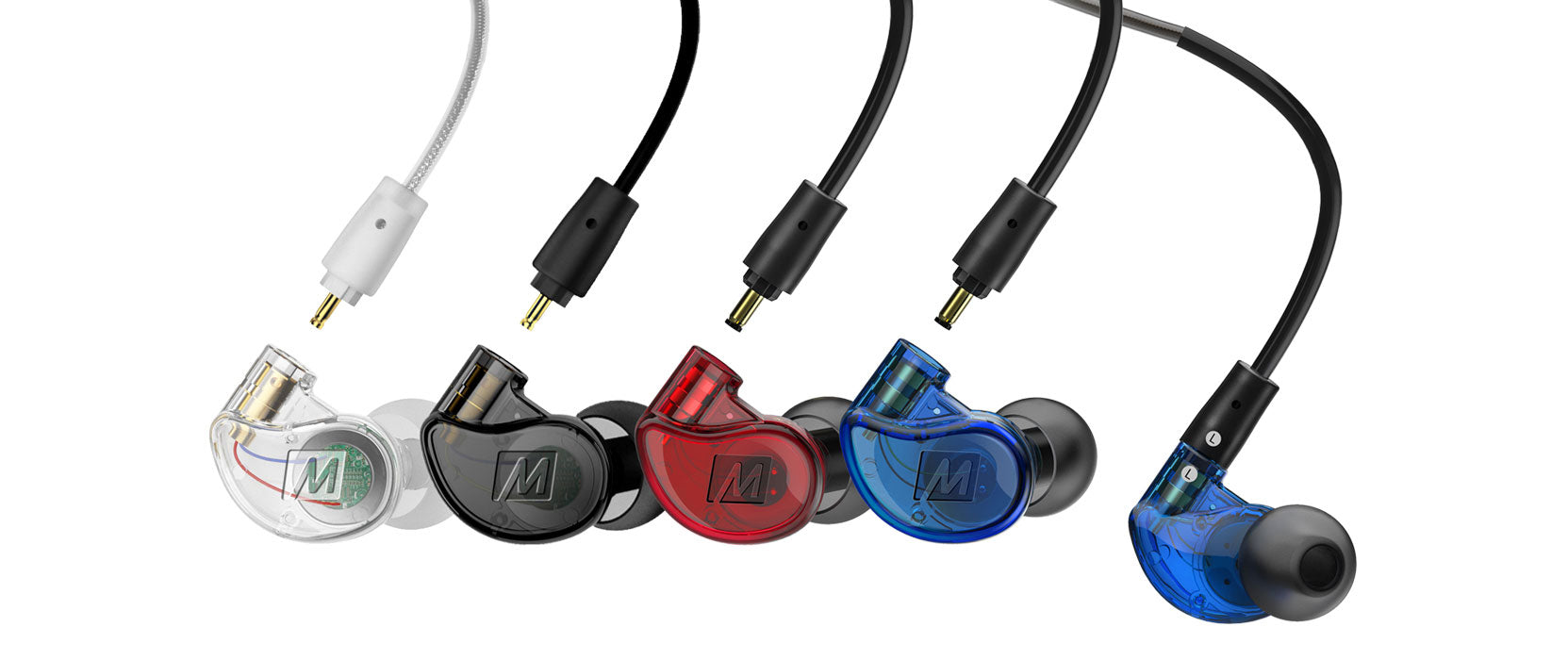 A variety of in-ear monitors with detachable cables and transparent casings showcasing internal wiring, displayed in multiple colors including clear, red, black, and blue.