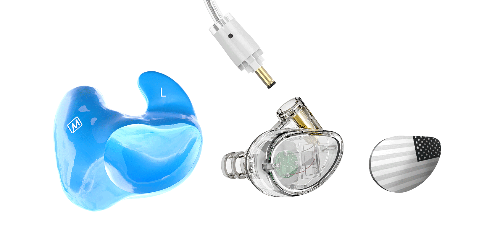 Three objects isolated on a white background: a blue custom-molded hearing aid, a transparent hearing aid with its internal circuitry visible, and a hearing aid cable connector.