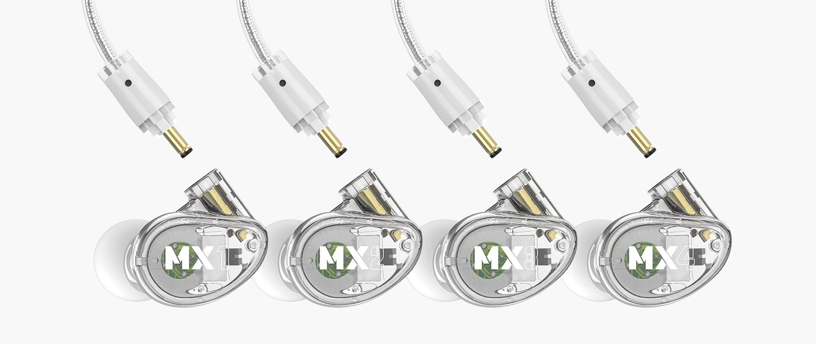 Five retractable tape measures with the lettering "mxe" printed on a clear window, paired with five auxiliary audio cables featuring metal-tipped plugs, arranged alternately on a white background.