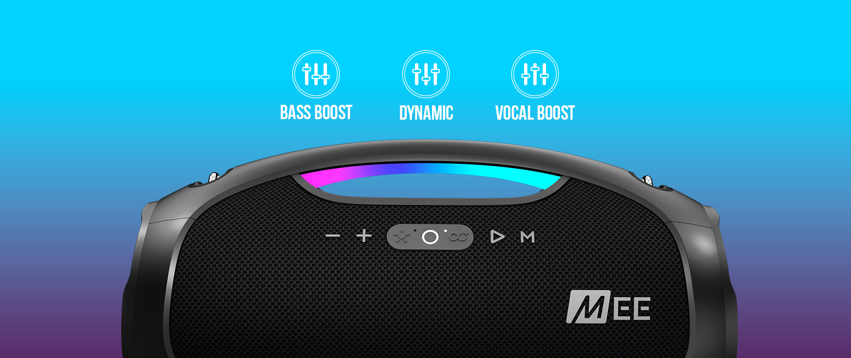 Close-up of a portable speaker with sound mode icons above it (bass boost, dynamic, vocal boost) highlighted and a glowing multi-colored led strip.