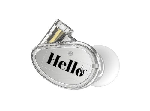 A transparent, circular glass flask with the word "hello" displayed prominently inside it, resting on a white stand against a light grey background.