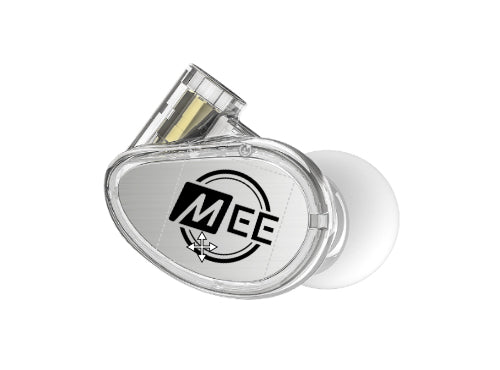 A transparent perfume bottle with a unique heart shape, featuring a bold "mee" logo in black on the front. the silver cap is located at the top left corner of the bottle.