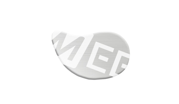 A 3d rendering of a white, curved surface with the letters "meg" projected onto it in a large, shadowed, gray font, set against a neutral background.