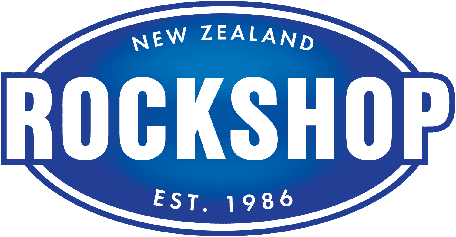 Logo of new zealand rockshop, featuring a blue oval with white and green borders, and the text "new zealand rockshop est. 1986" in white on a green background.
