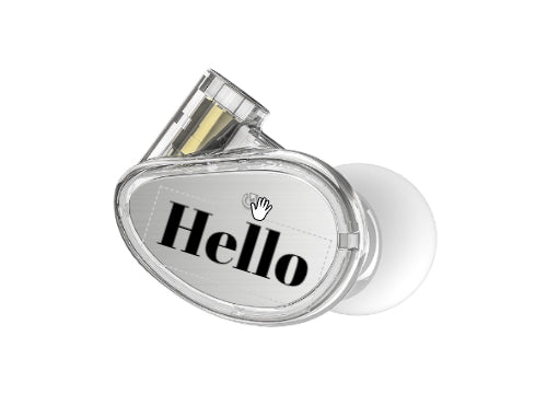 Transparent round stamp with a "hello" text visible through its clear body, featuring a white handle and a small hand icon above the text.