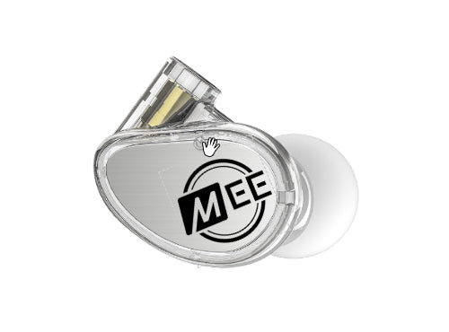 A clear glass bottle filled with liquid, designed in the shape of a heart. the front displays a logo with "mee" inscribed in bold black letters over a striped background.