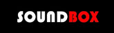 Logo with the word "sound box" in uppercase letters, where "sound" is in white and "box" is in red, all against a black background.