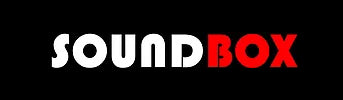 Logo with the word "sound box" in uppercase letters, where "sound" is in white and "box" is in red, all against a black background.