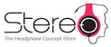 Logo of "stereo the headphone concept store" featuring stylized text next to a graphic of a human head silhouette wearing headphones in black and pink colors.