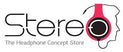 Logo of "stereo the headphone concept store" featuring stylized text next to a graphic of a human head silhouette wearing headphones in black and pink colors.