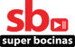 Logo of "sb" featuring stylized white letters 'sb' with a speaker icon, on a red background, alongside the text "super bocinas" in smaller white font.