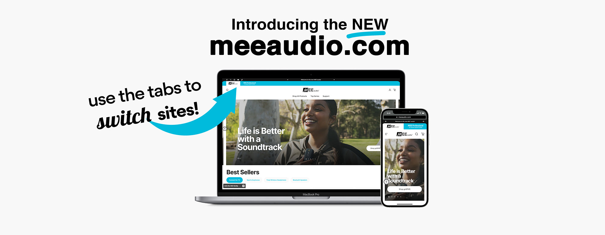 Promotional graphic for the new mee audio website, featuring a display of the website on a desktop monitor and a mobile device, with a headline "introducing the new meeaudio.com" and a text "use the tabs to switch sites.