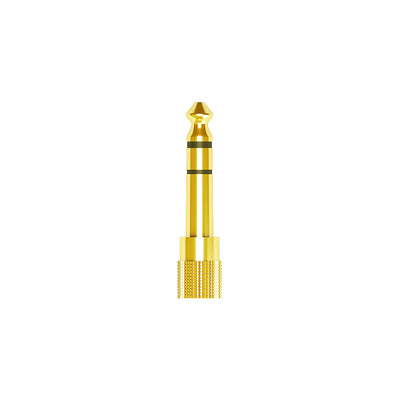 Gold 1/4" (6.3mm) adapter for stereo audio on a white background