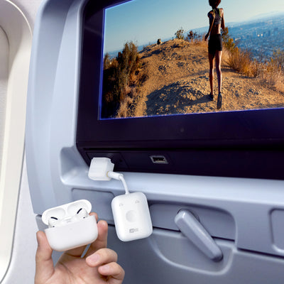 White Connect Air Wireless Bluetooth Adapter Transmitter for inflight entertainment systems on airplane pairing to airpods
