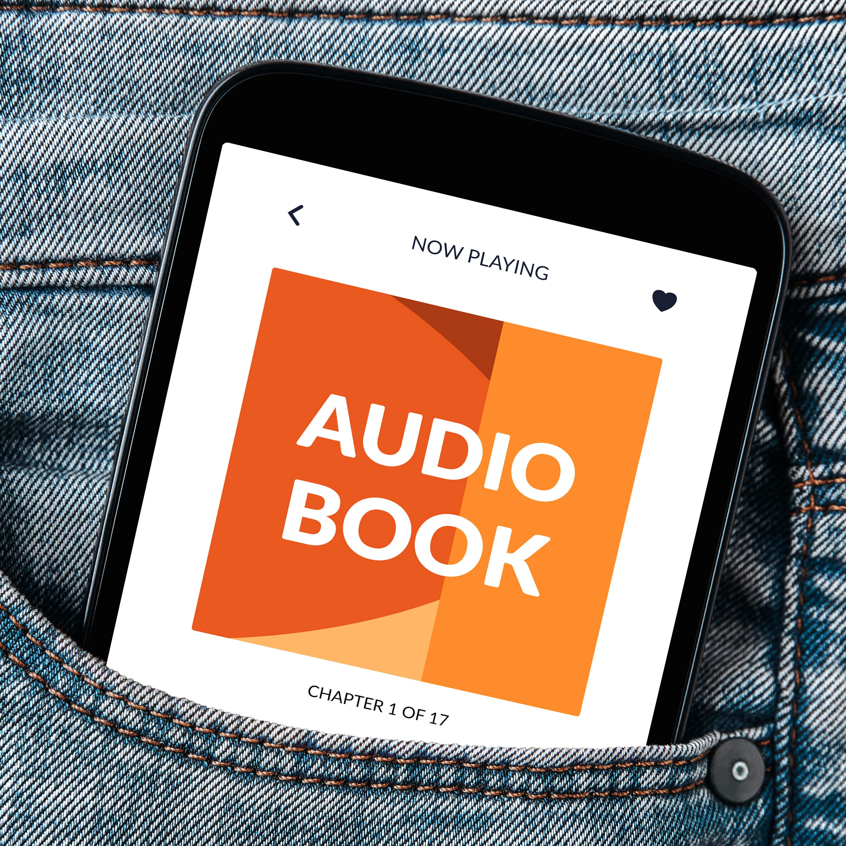 Smartphone with audio book app on a denim background