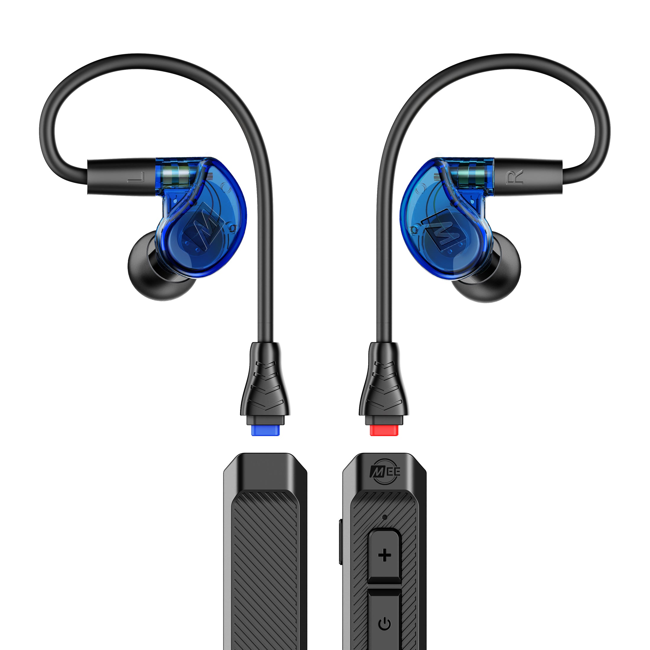 Blue M6 PRO earpieces and BT3 Bluetooth Adapter cable on a white background