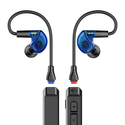 Blue M6 PRO earpieces and BT3 Bluetooth Adapter cable on a white background
