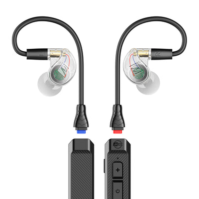Clear M6 PRO In-ear monitors and a  BT3 Bluetooth Adapter cable on a white background