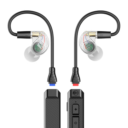 Clear  M6 PRO earpieces and BT3 Bluetooth Adapter cable on a white background