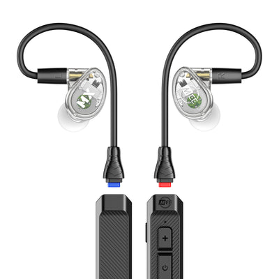 Clear MX1 PRO In-ear monitors and a BT3 Bluetooth Adapter cable on a white background