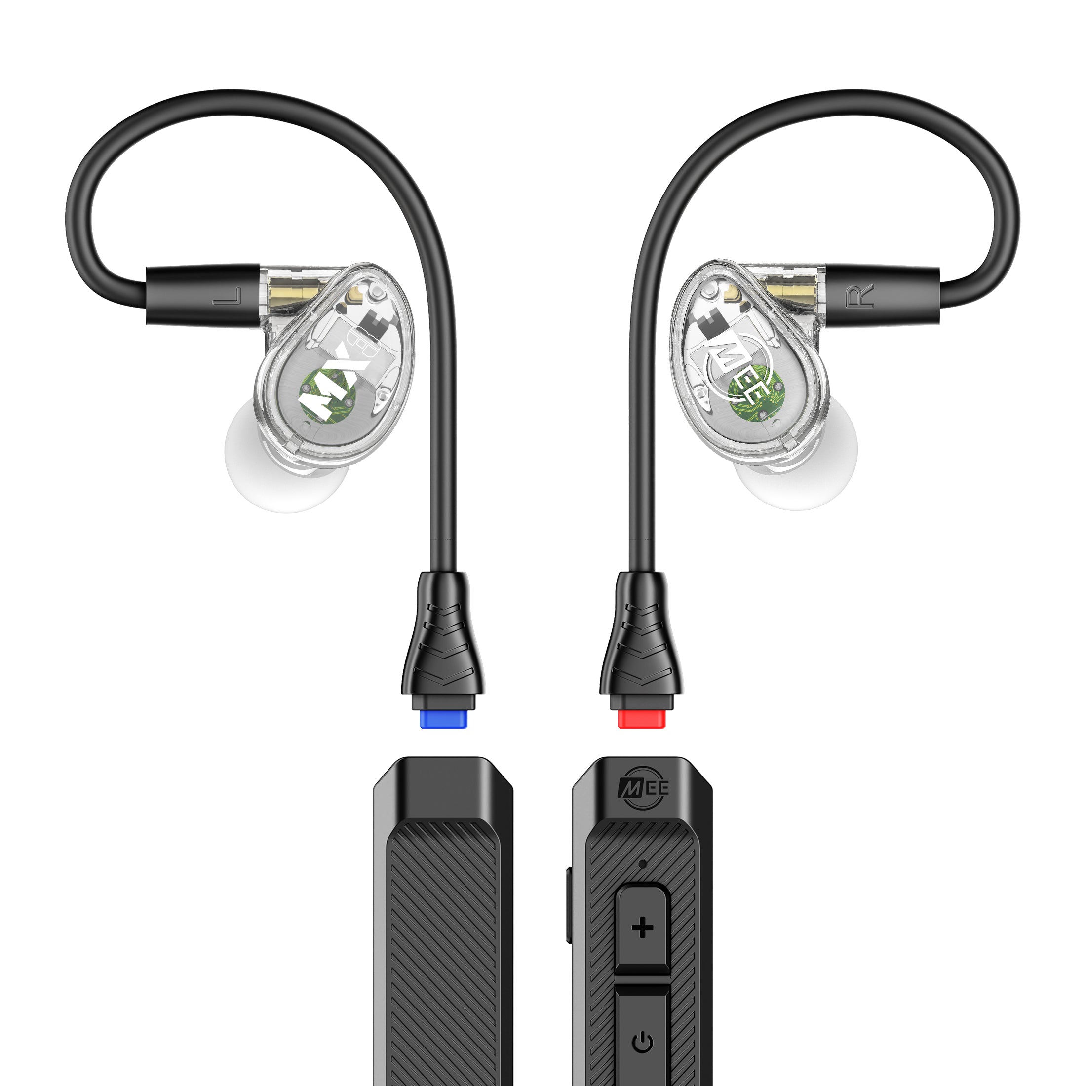 Clear MX3 PRO earpieces and BT3 Bluetooth Adapter cable on a white background