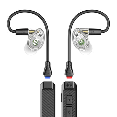 Clear MX3 PRO In-ear monitors and a BT3 Bluetooth Adapter cable on a white background
